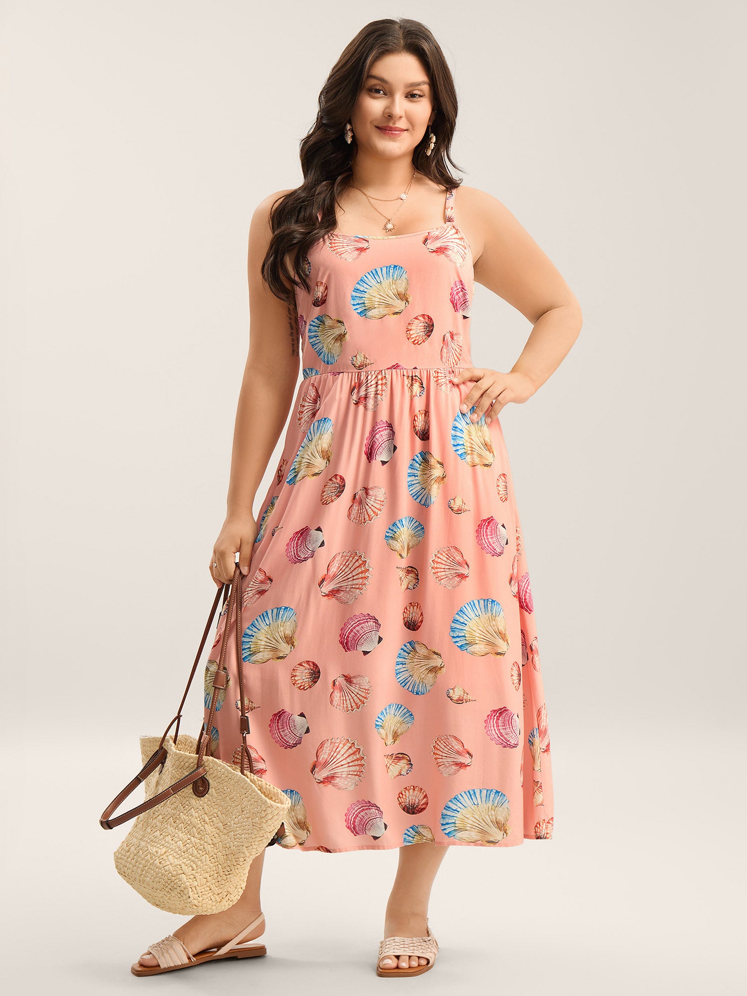 Rayon Adjustable Strap Shell Print Midi Dress