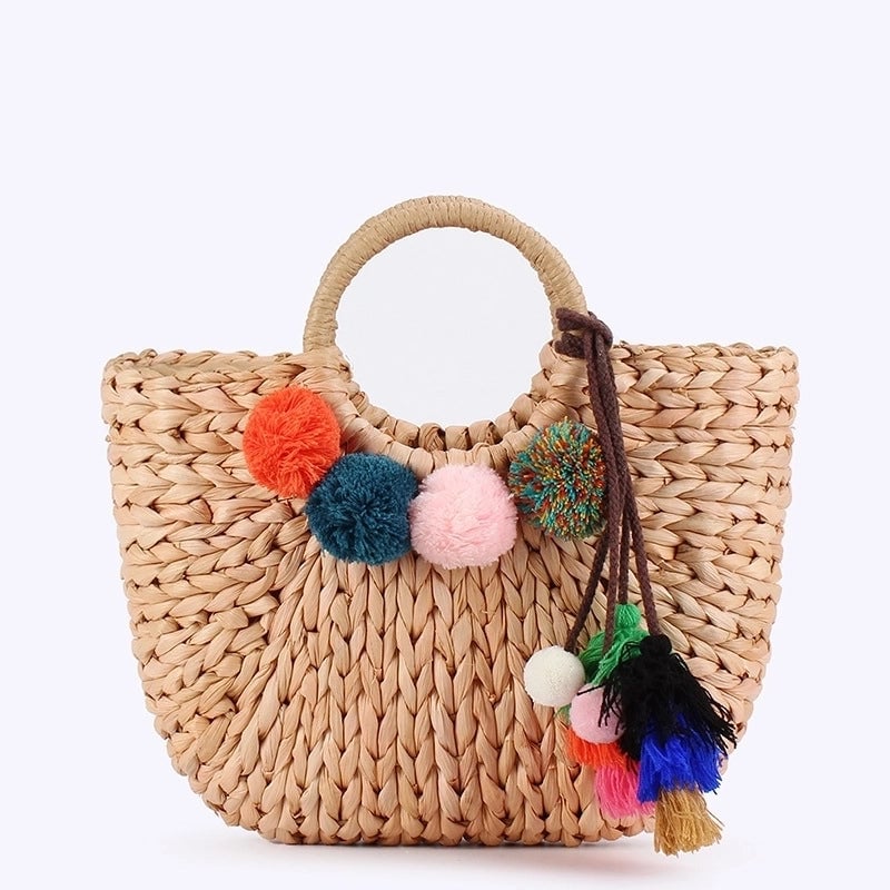 Women's Large CORN HUSK Solid Color Vacation Beach Weave Square String Straw Bag