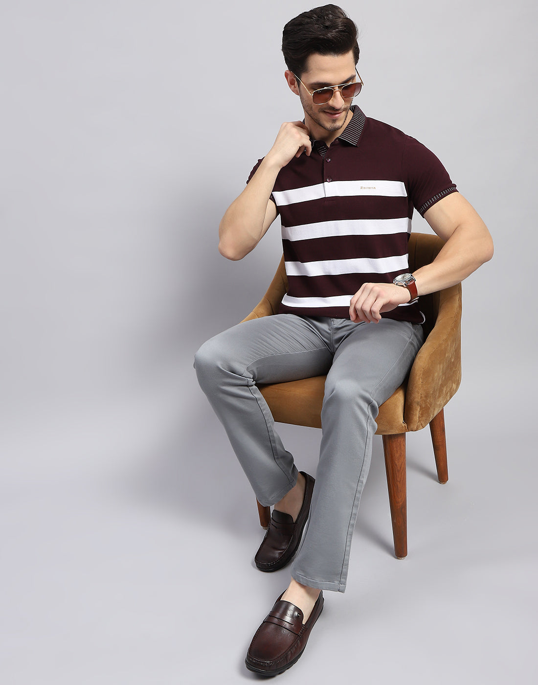 Men Maroon Stripe Polo Collar Half Sleeve T-Shirt