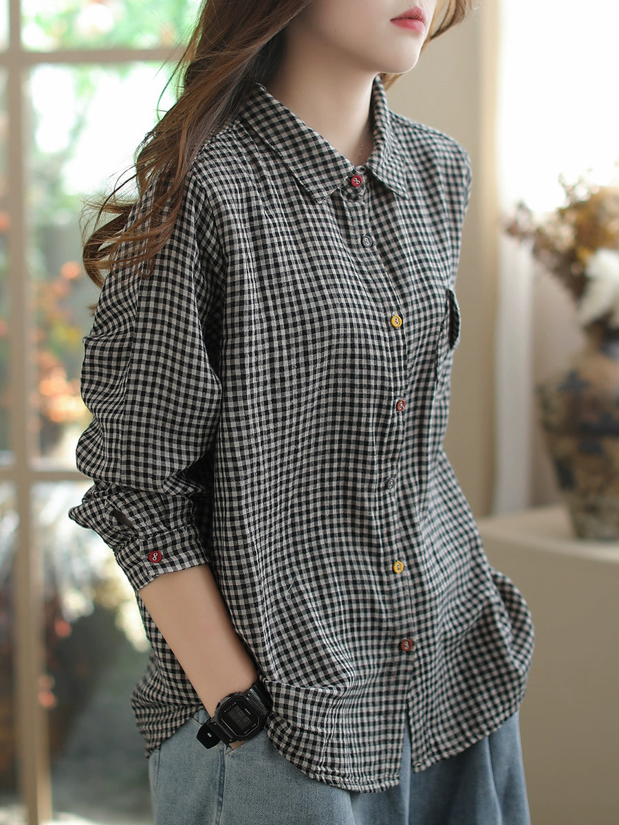 Women Summer Retro Plaid Turn-down Collar Shirt