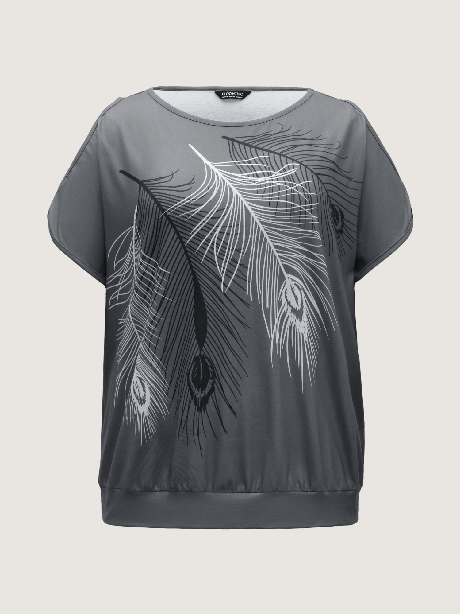 Stretchy Feather Print Cut-Out Sleeve T-Shirt