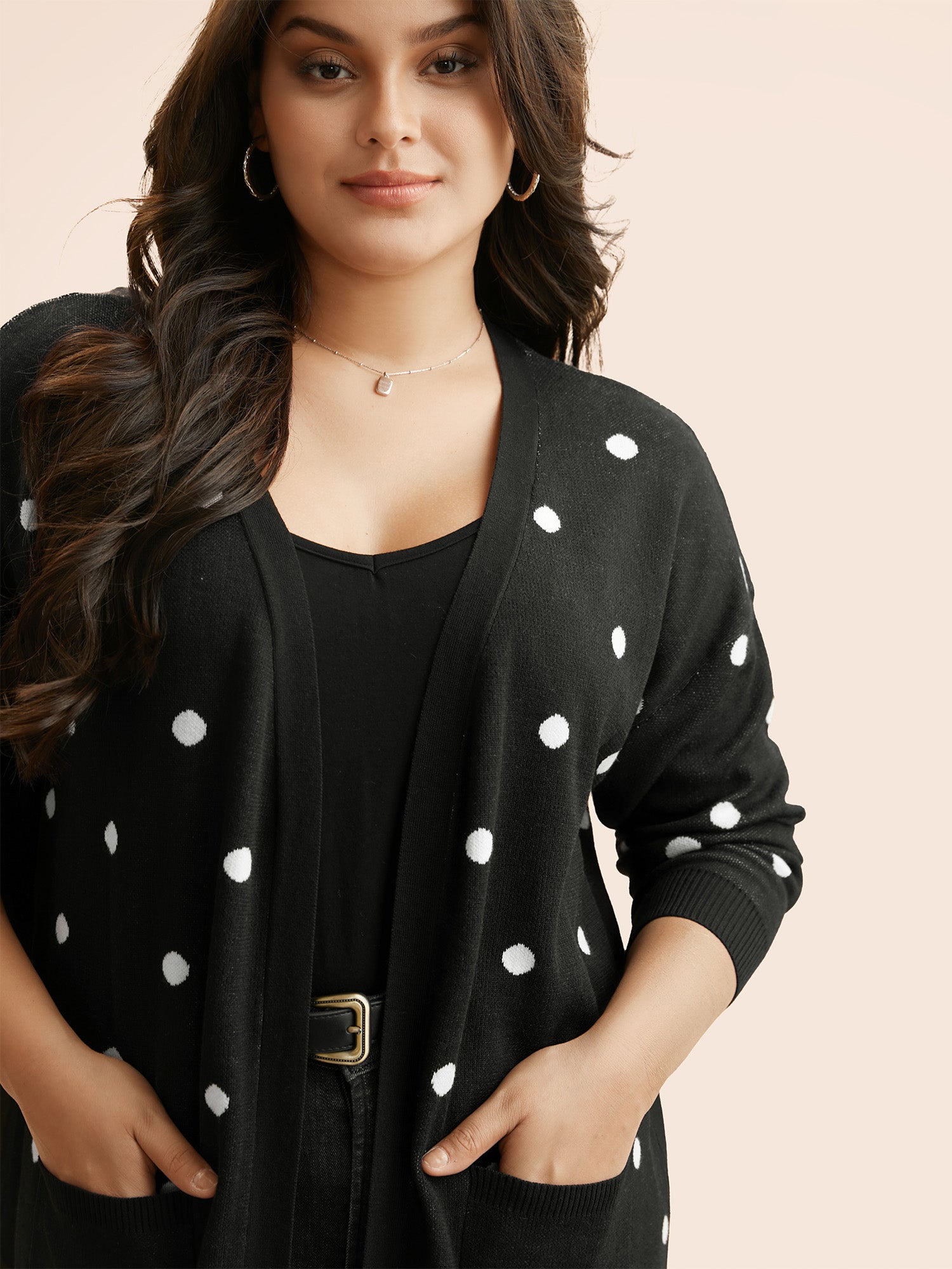 Polka Dot Kimono Collar Patch Pocket Cardigan