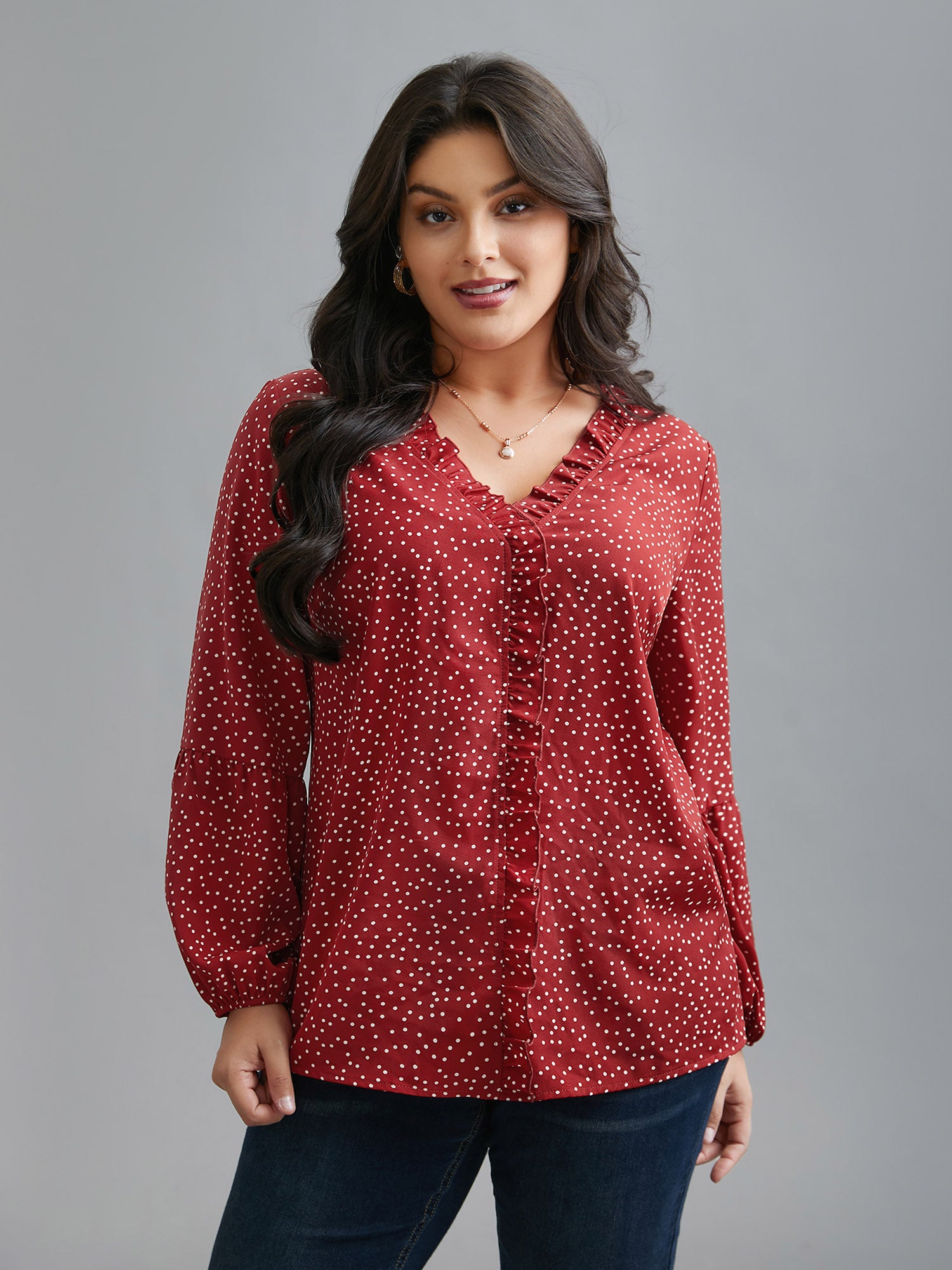 V-Neck Polka Dot Ruffled Blouse