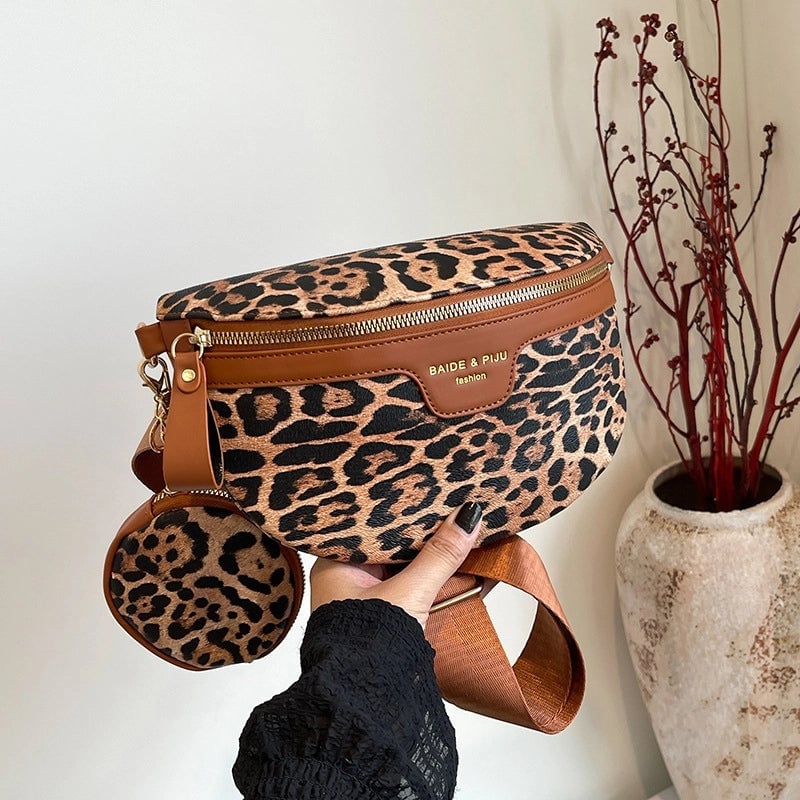 Women's Medium Pu Leather Leopard Elegant Vintage Style Dumpling Shape Zipper Fanny Pack