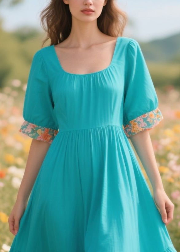 Loose Blue U Neck Patchwork Print Cotton Dress Summer