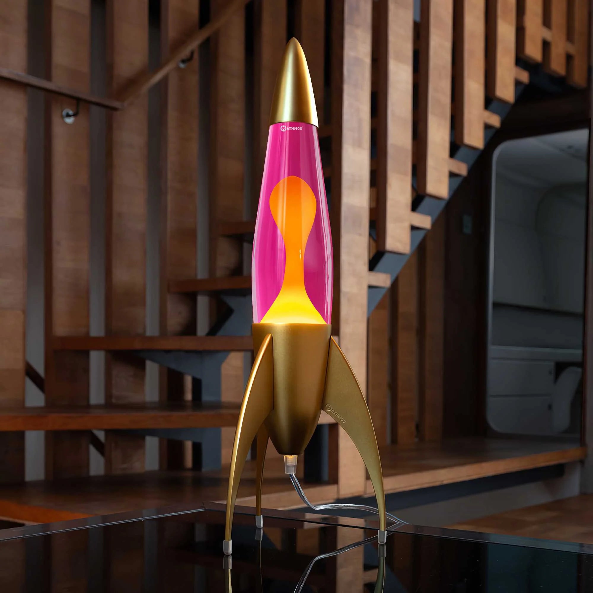 Mathmos Telstar Gold Rocket lava lamp. Pink/Yellow Lava
