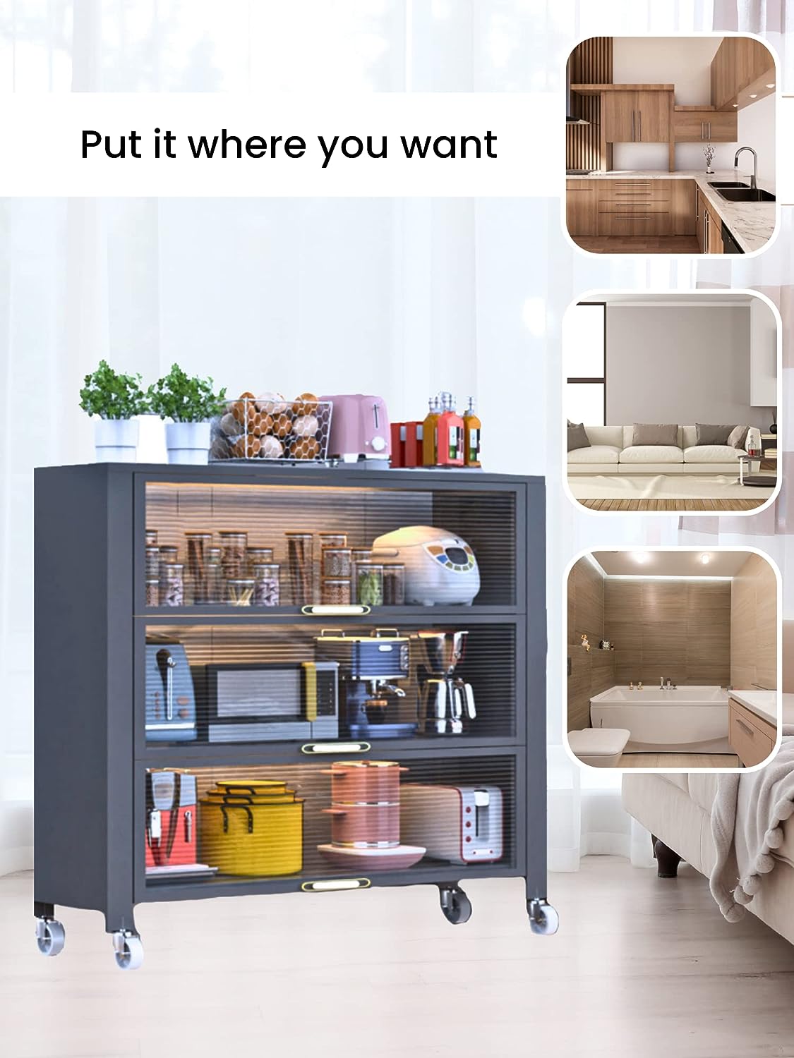 Kitchen Home Storage Organizer Cabinet Shelves With Doors & Wheels