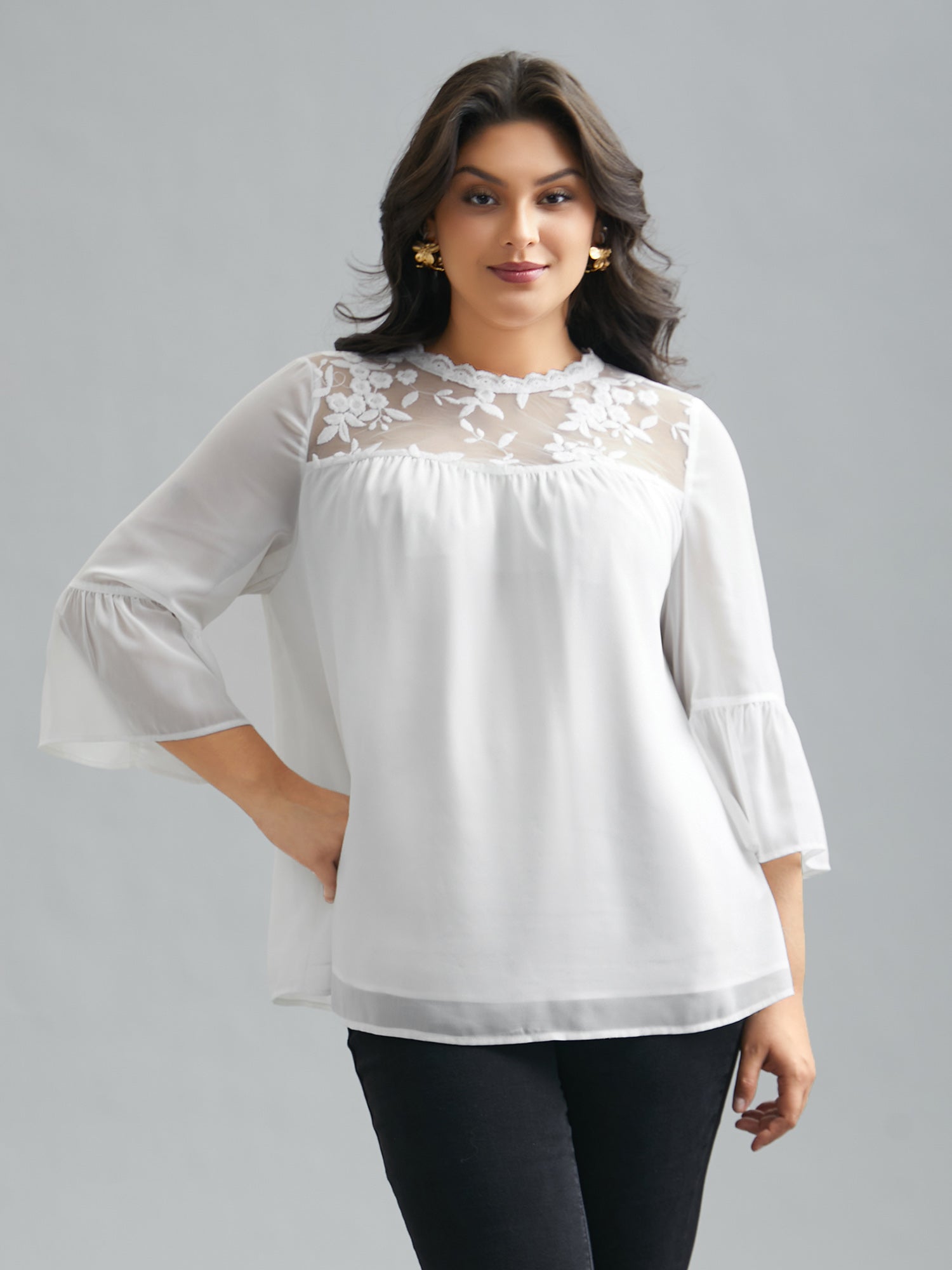 Dreamy Lace Neck Flared Sleeve Chiffon Blouse