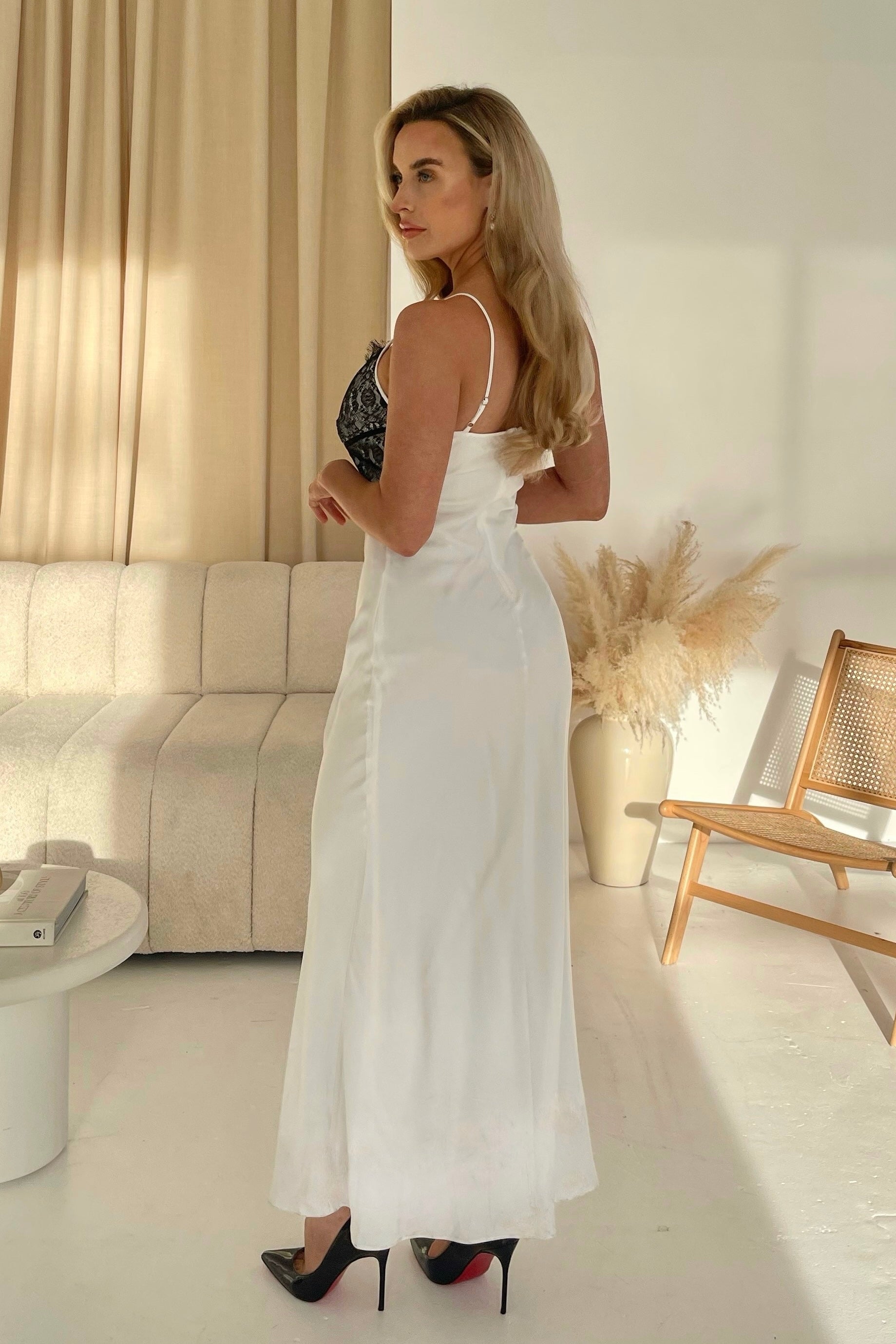 Anne White Slip Dress With Black Lace