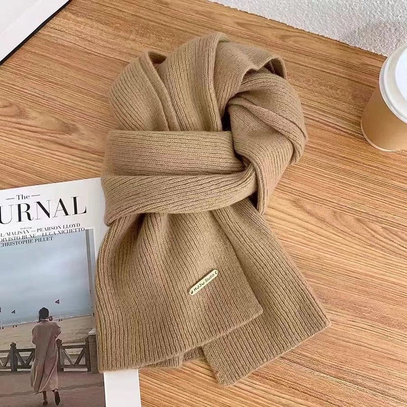 Scarf Women's Winter New Wool Knitted Solid Color Small Scarf Trendy Thickened Warm Long Scarf