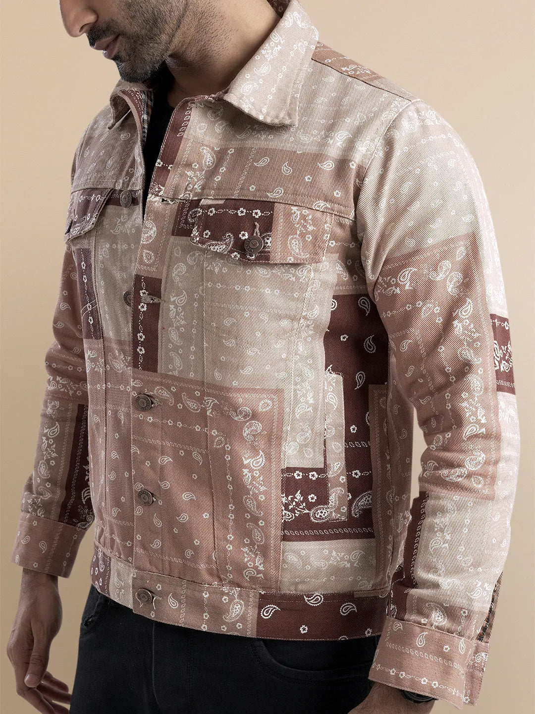 Men's Geomatric Paisley Printed Denim Jacket