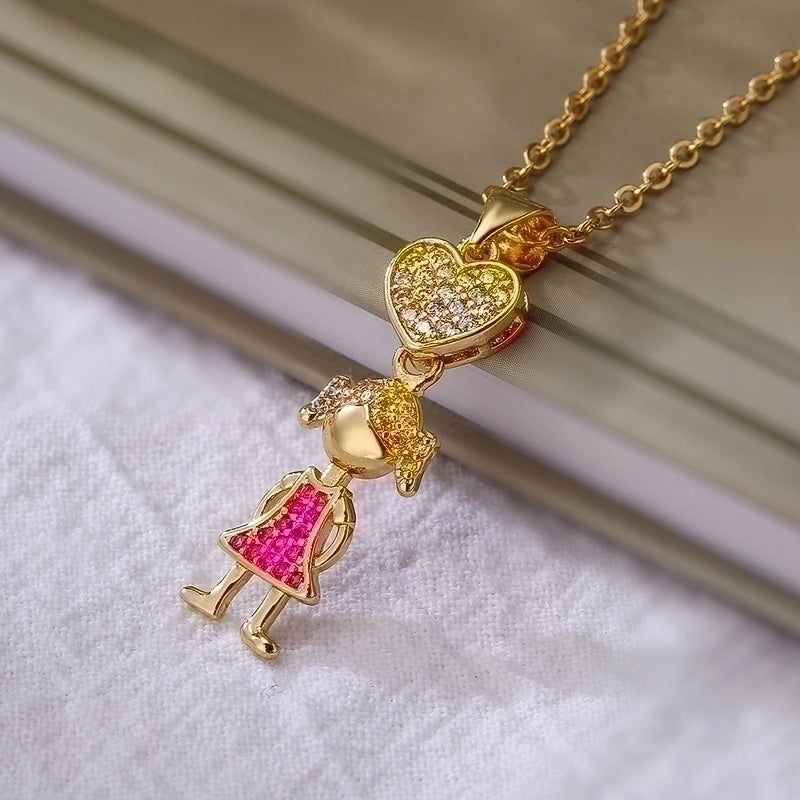 Minimalist Commute Human Heart Shape Copper Plating Inlay Zircon 18k Gold Plated Pendant Necklace