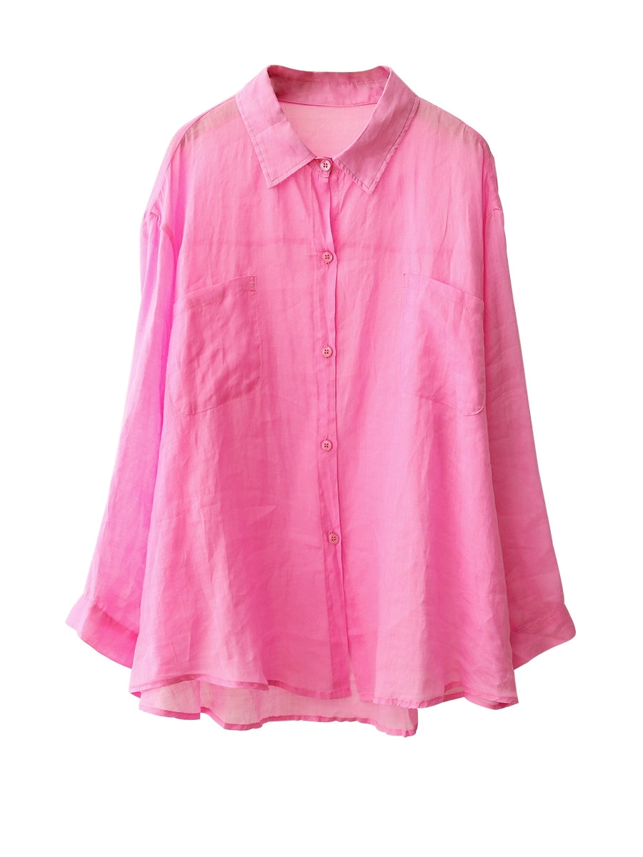 Women Summer Casual Pure Color Turn-down Collar 100%Ramie Shirt