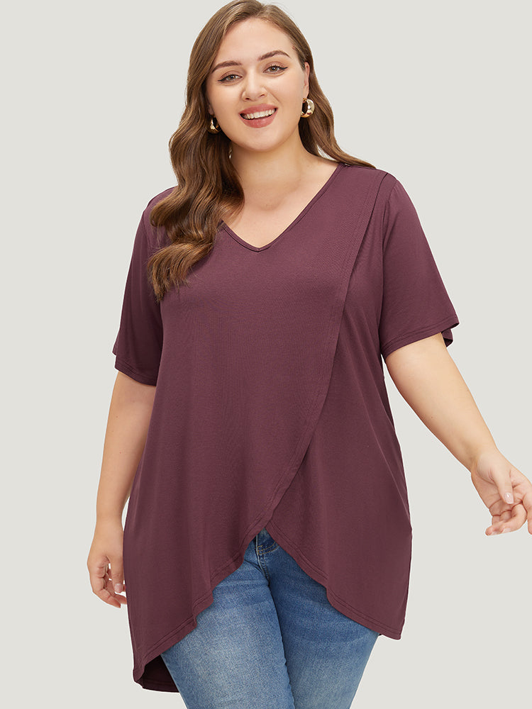 Plain V Neck Wrap High Low Hem T-shirt
