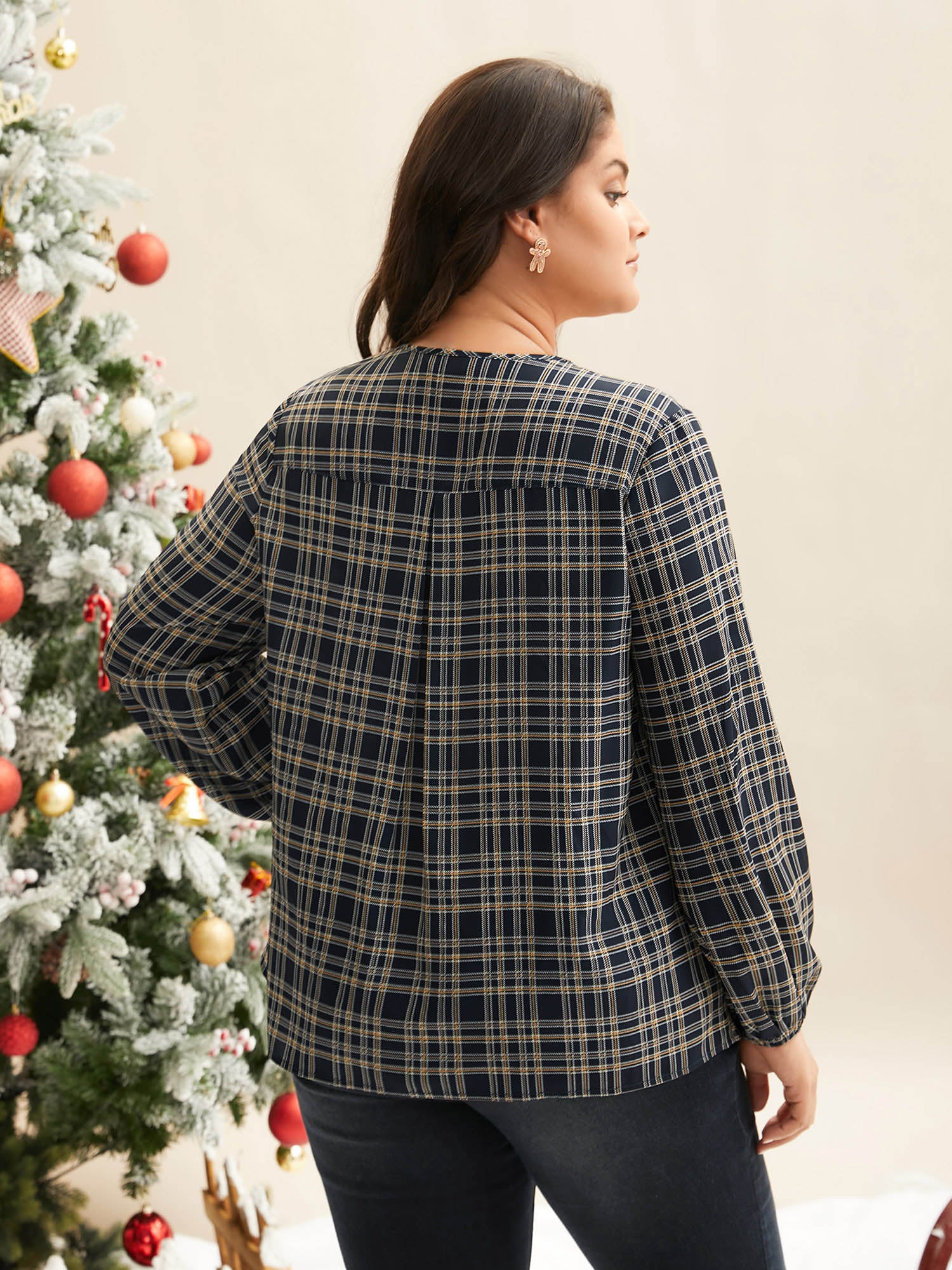 Plaid Zipper Front Lantern Sleeve Blouse