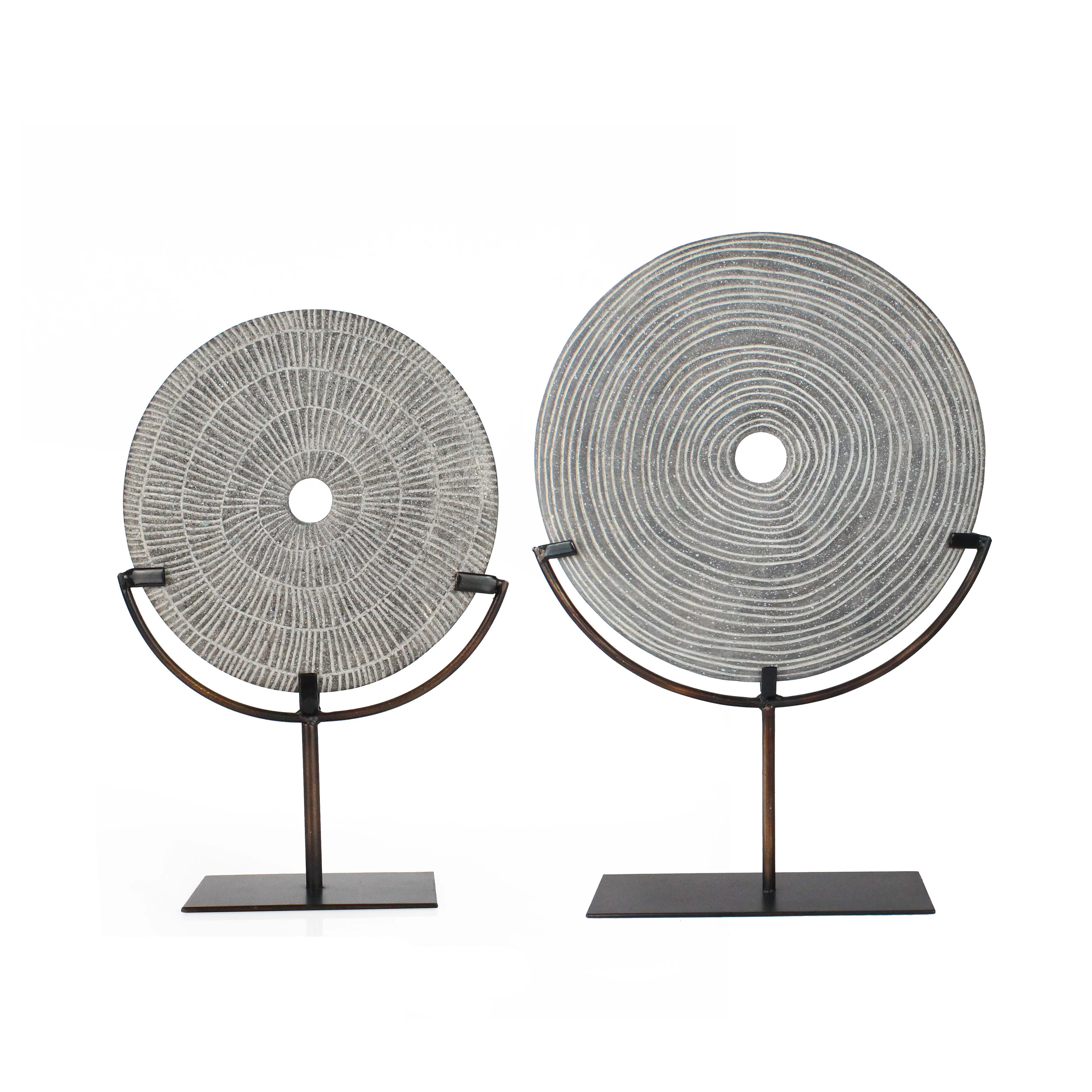 Resin Round Shaped Hole Imitation Stone Sculpture Ornaments Home Decor with Metal Base