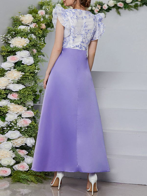 High Waisted Petal Sleeves Printed Split-Joint Deep V-Neck Maxi Dresses