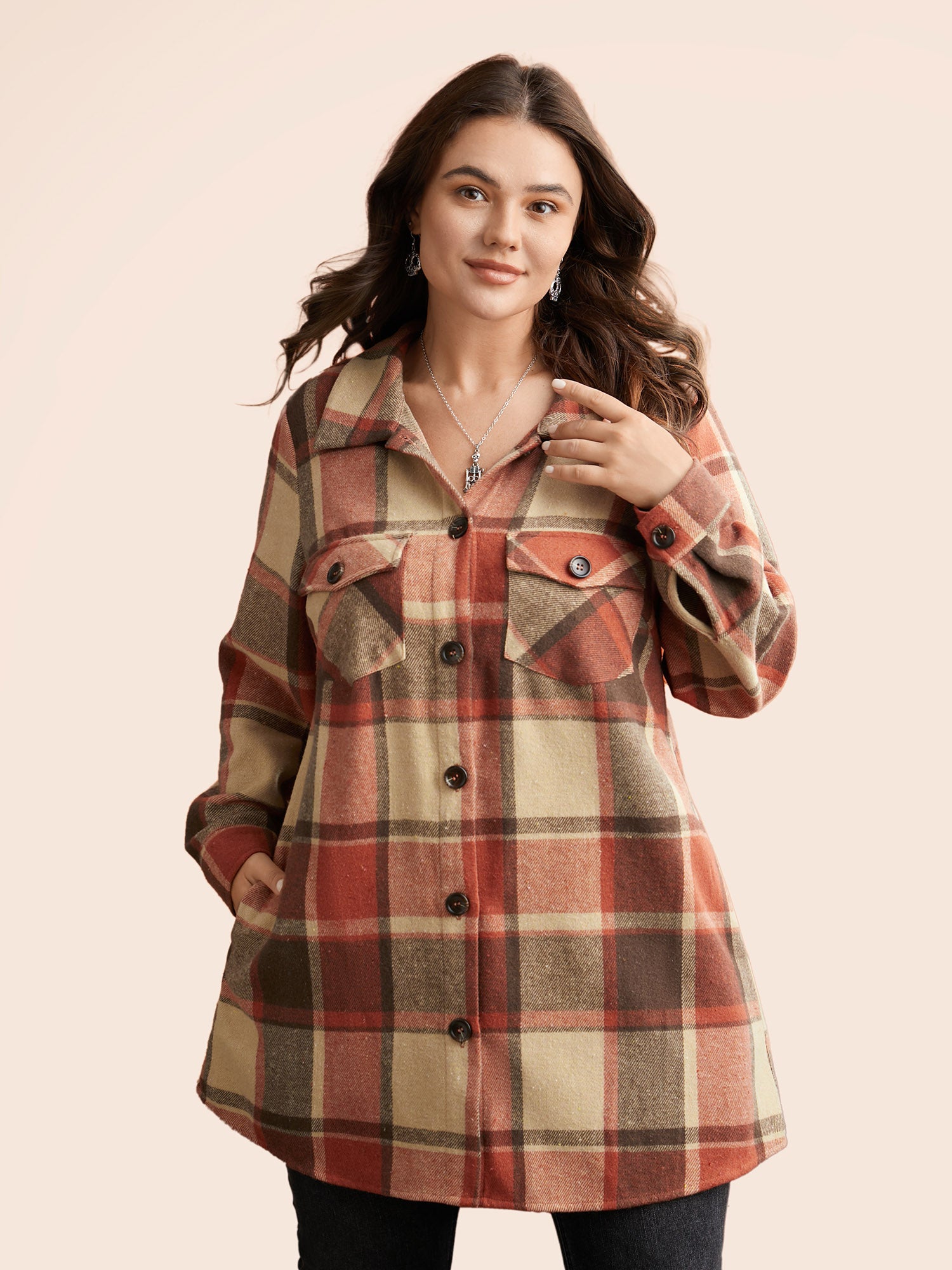 Plaid Chest Pockets Long Jacket