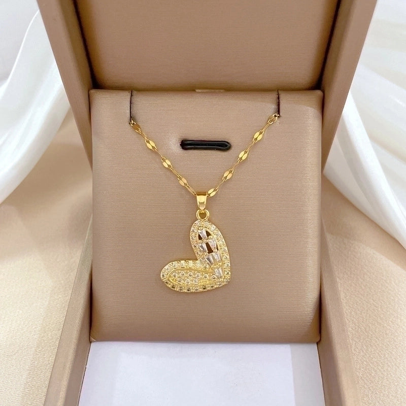 2 Pieces Minimalist Classic Style Geometric Heart Shape Titanium Steel Copper Zircon Pendant Necklace In Bulk