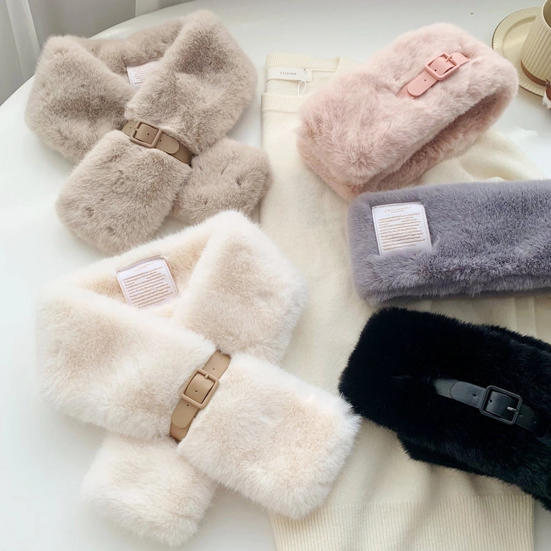 Women's Plush Collar Scarf With Belt Buckle Autumn And Winter Warm Fashionable All-match Cross Scarf