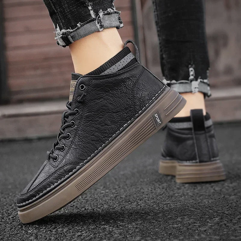 flats Trend Men's Casual Leather Shoes   for Men High-top Black Casual Male Sneakers Platform Ankle Boots Tênis Masculino 2025