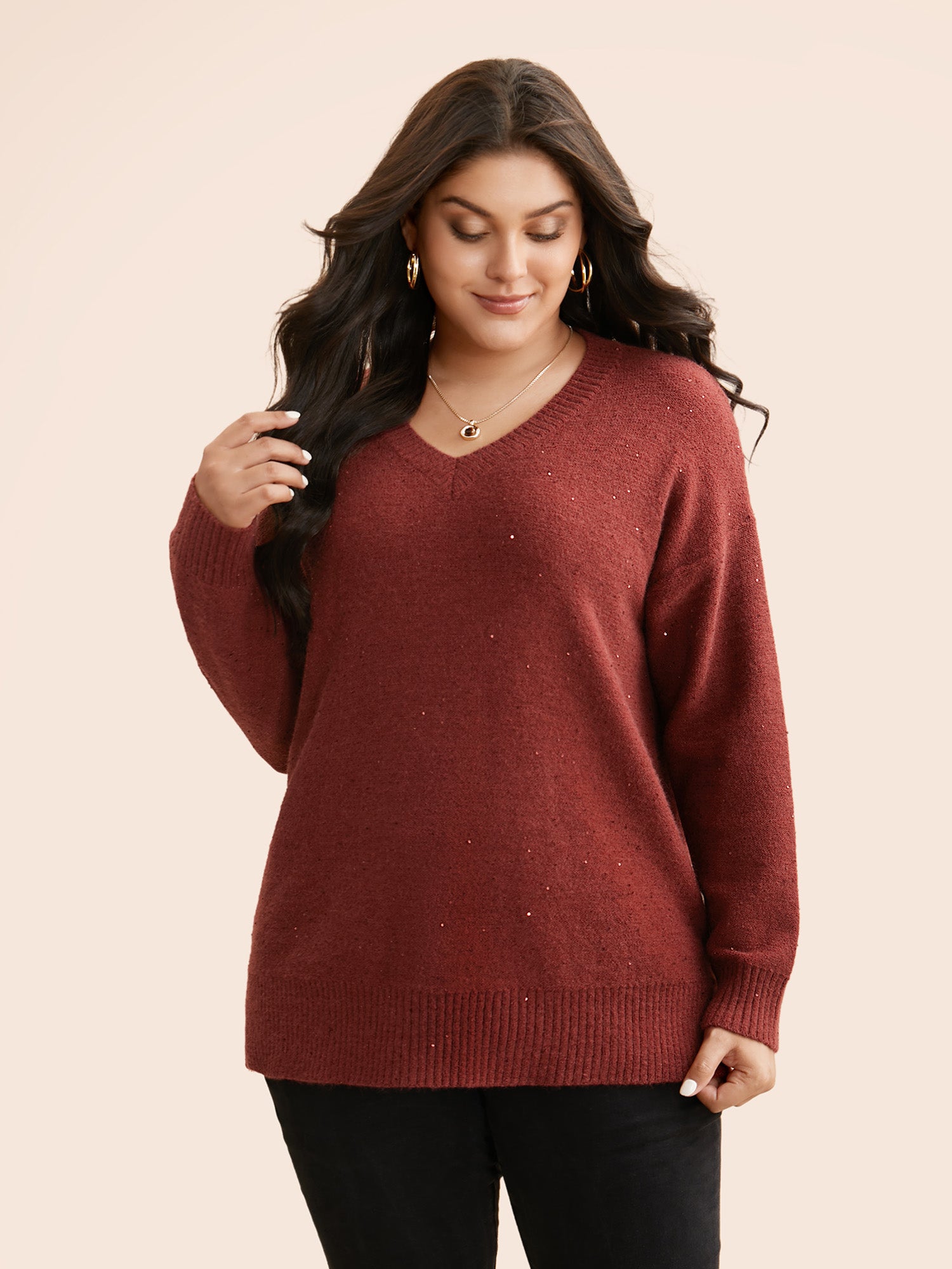 V Neck Glitter Dropped Shoulder Split Hem Pullover