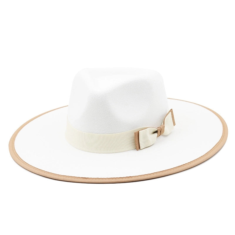 New Contrast Color Big Brim Cashmere Top Hat Feather Accessories Woolen Woolen Hat  Top Hat Autumn And Winter