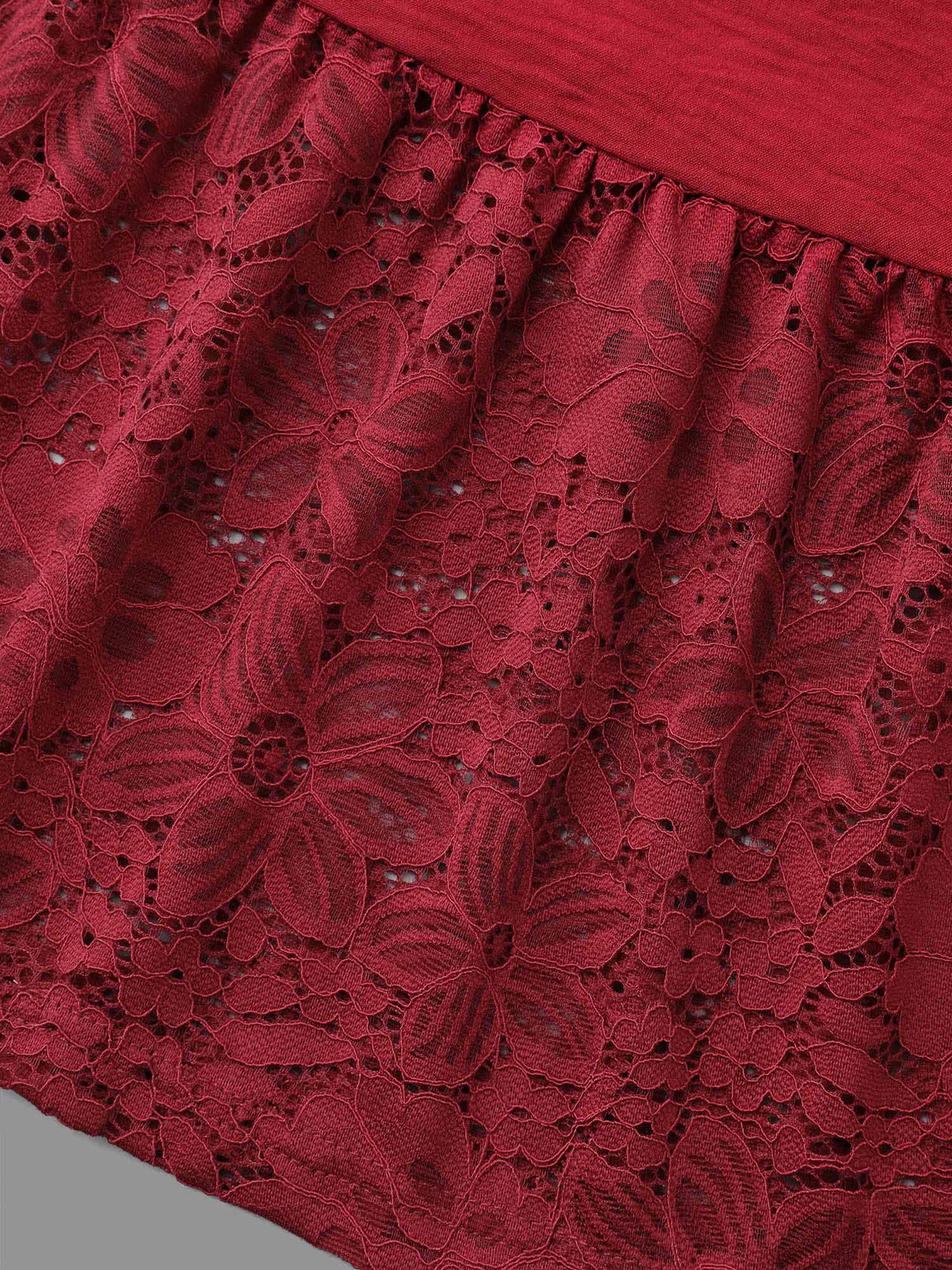 Lace Tiered Skirt Elastic Waist V-Neck Dress