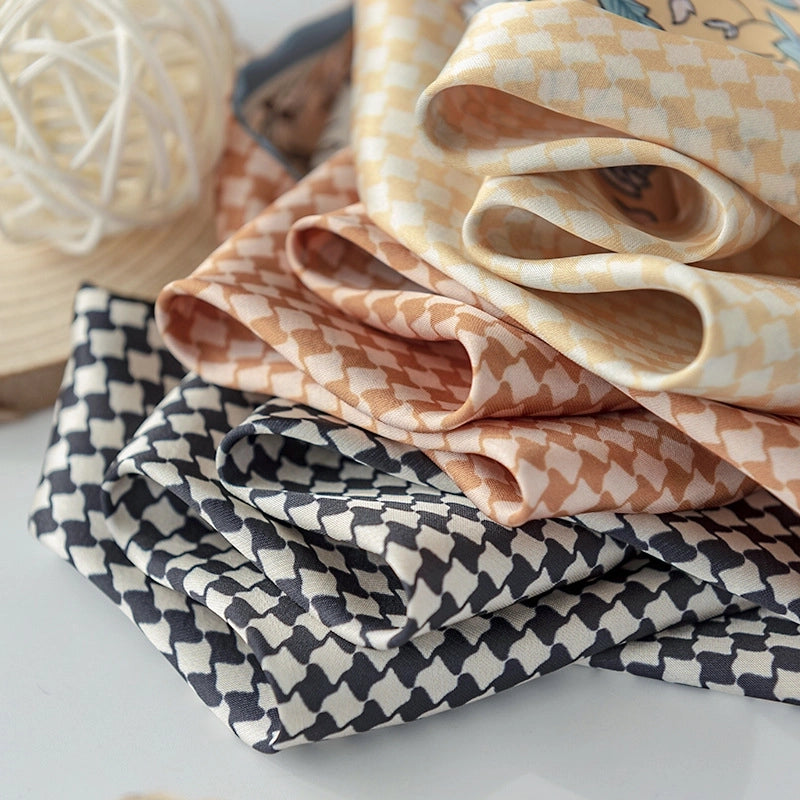 Women's Retro Plaid Flower Satin Silk Scarf