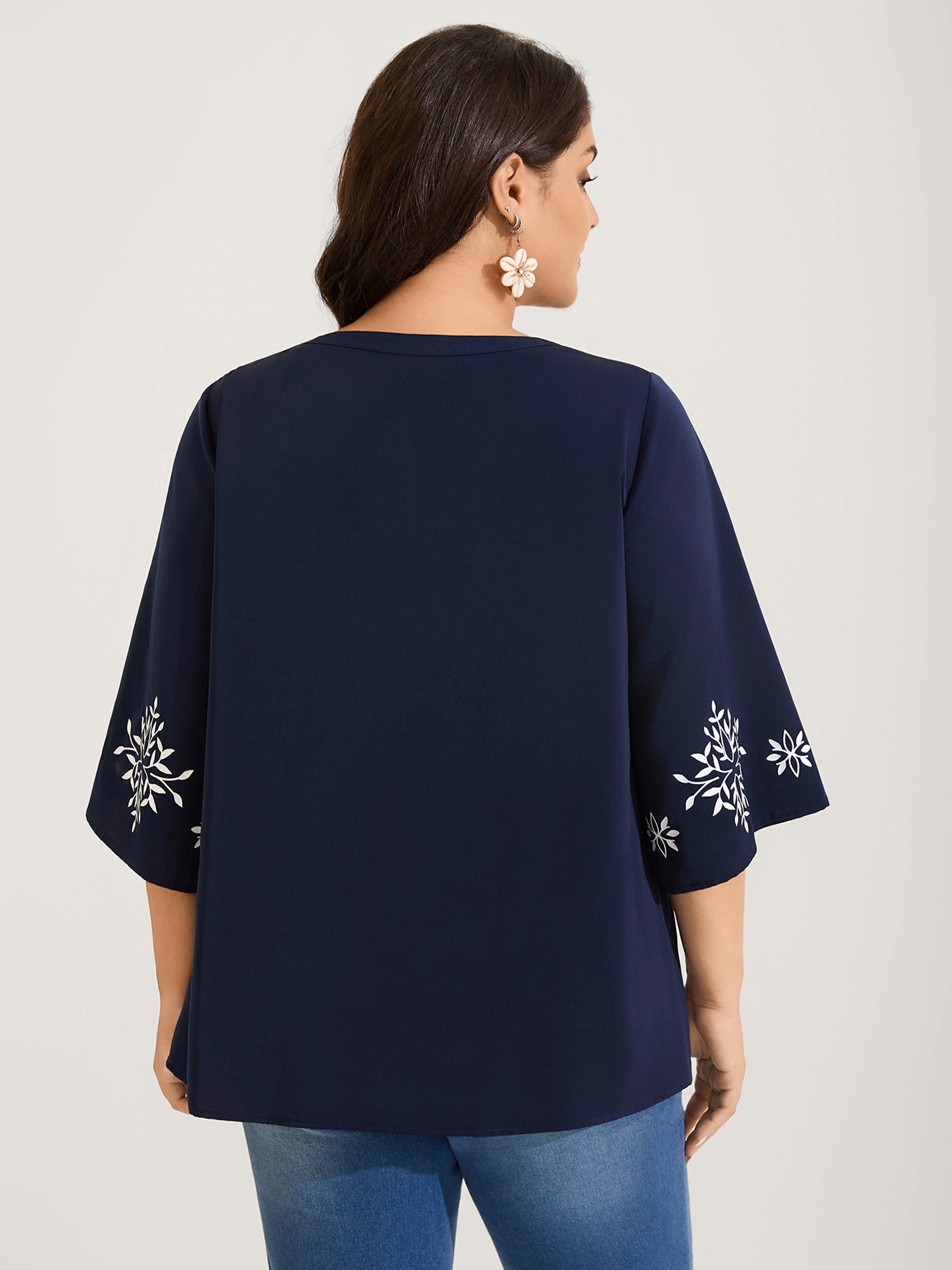 Floral Print Button Detail Solid Blouse