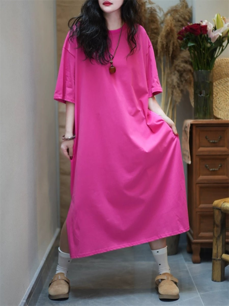 Women Summer Casual Pure Color O-Neck Cotton Dress