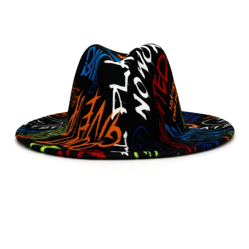 Autumn And Winter Tie-Dye Woolen Hat Fashion Hip-Hop Jazz Top Hat Men's Adult Printed Sunshade Warm Felt Hat