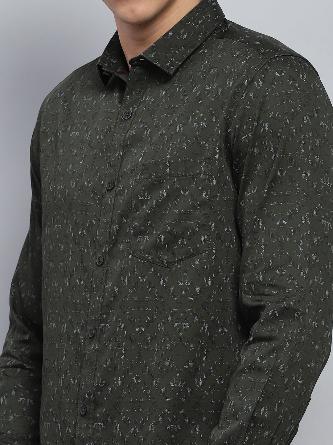 Men Green Printed Collar Full Sleeve Shirt