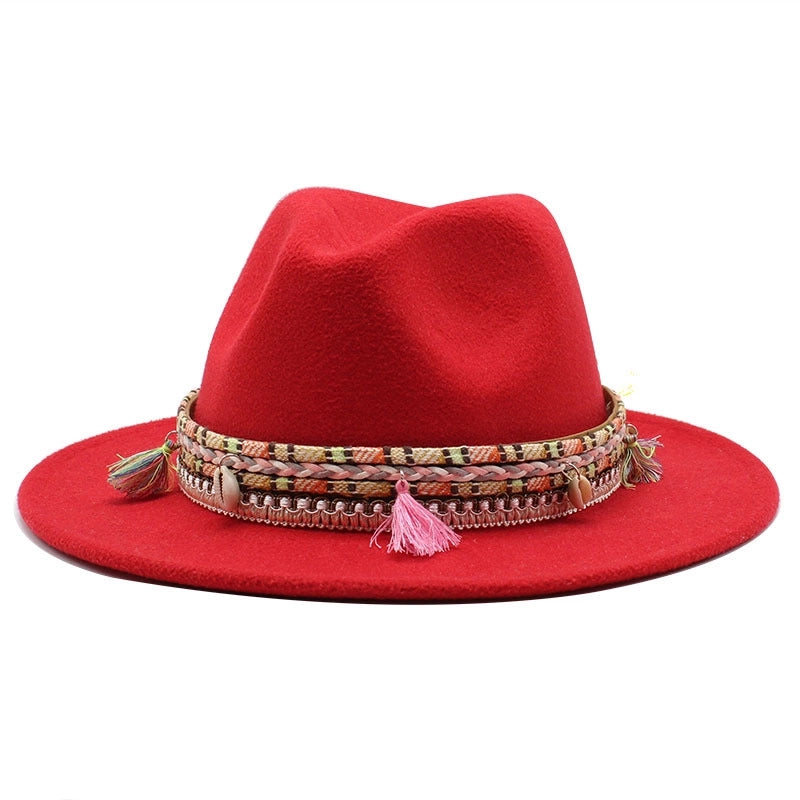 Hot Sale Woolen Hat Tassel Ethnic Style Jazz Hat Retro Flat Brim Big Brim Hat