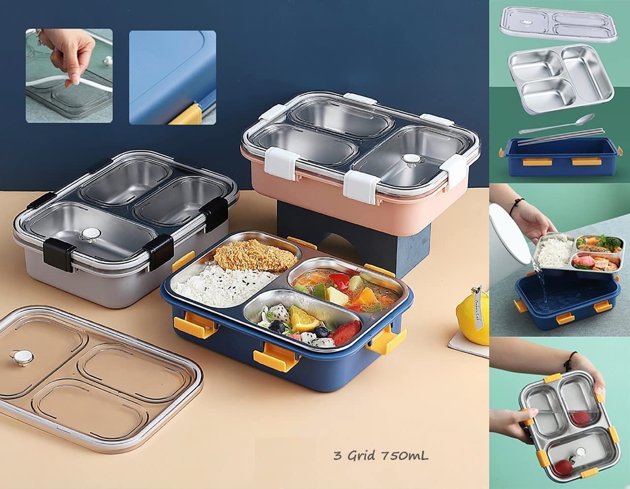 3 Compartment Stainless Steel Insulated Perfect Lunch Box For School & Office Men And Women