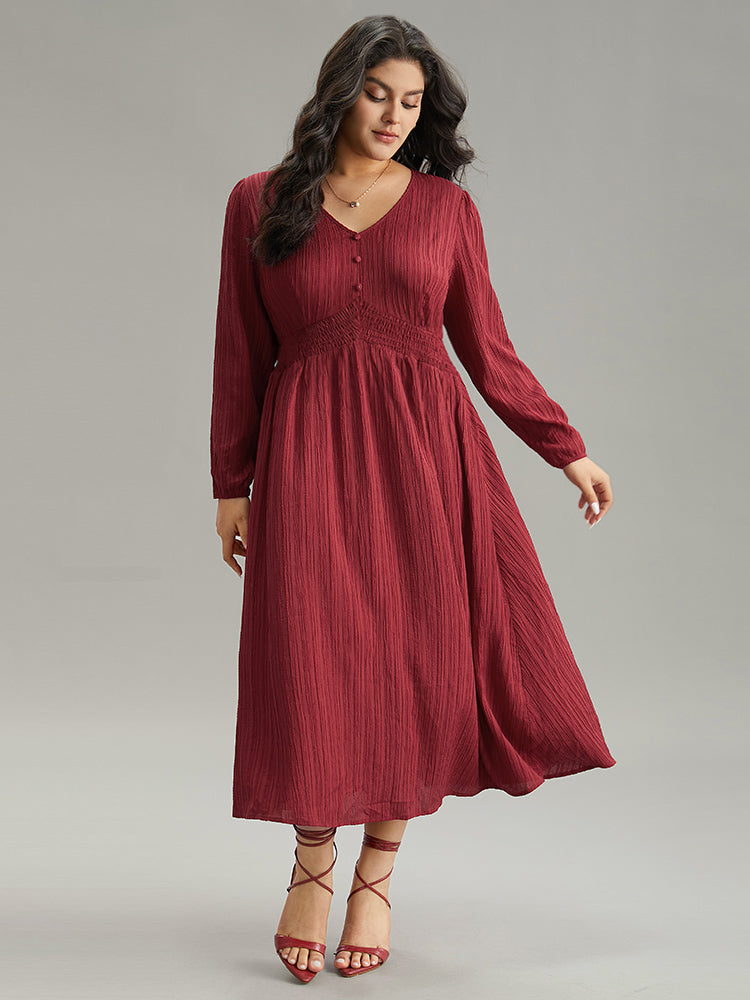 Solid Plisse Button Detail Shirred Dress