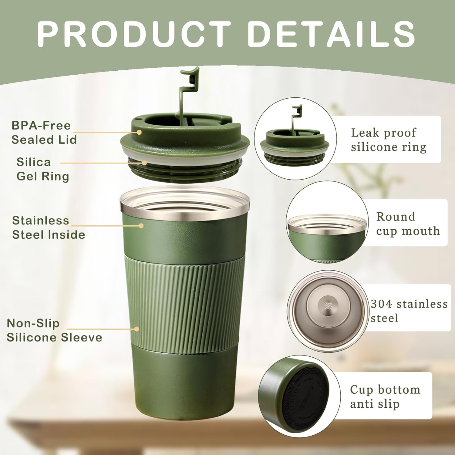 Senshuomy Travel Mug, Insulated Coffee Cup with Leakproof Lid, Reusable Coffee Cups Travel Cup, Stainless Steel thermaol Mug for Hot Cold Drinks (Green 380ml)