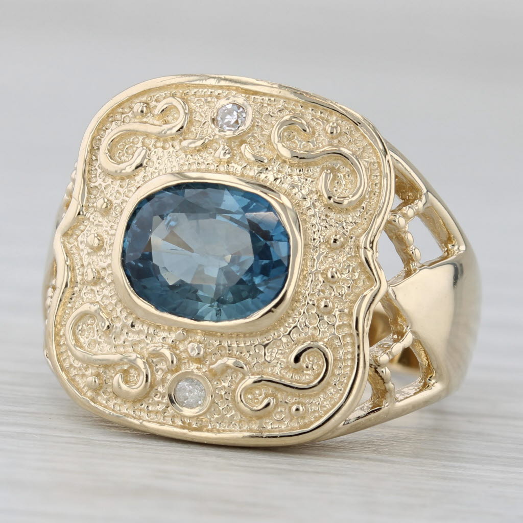 1.80ct Oval Blue Sapphire Diamond Ring 14k Yellow Gold Size 7 Ornate