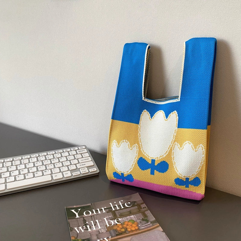 Women's Polyester Printing Color Block Cute Square Open Handbag