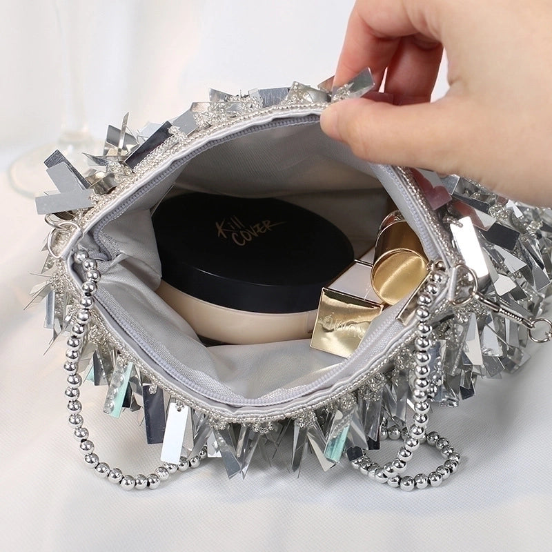 White Black Silver Polyester Solid Color Beading Tassel Square Evening Bags