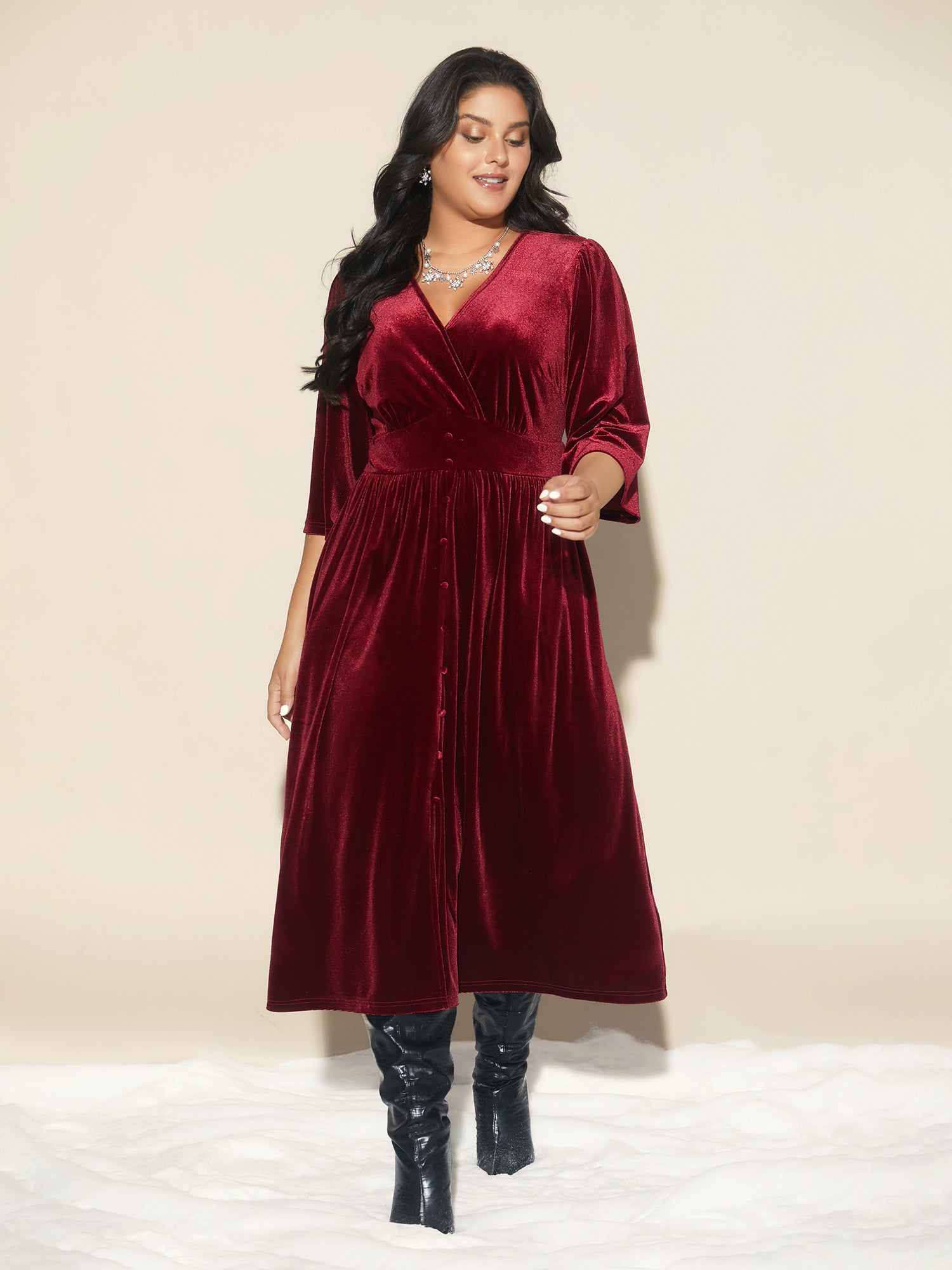 Velvet Ruched Surplice Neckline Midi Dress