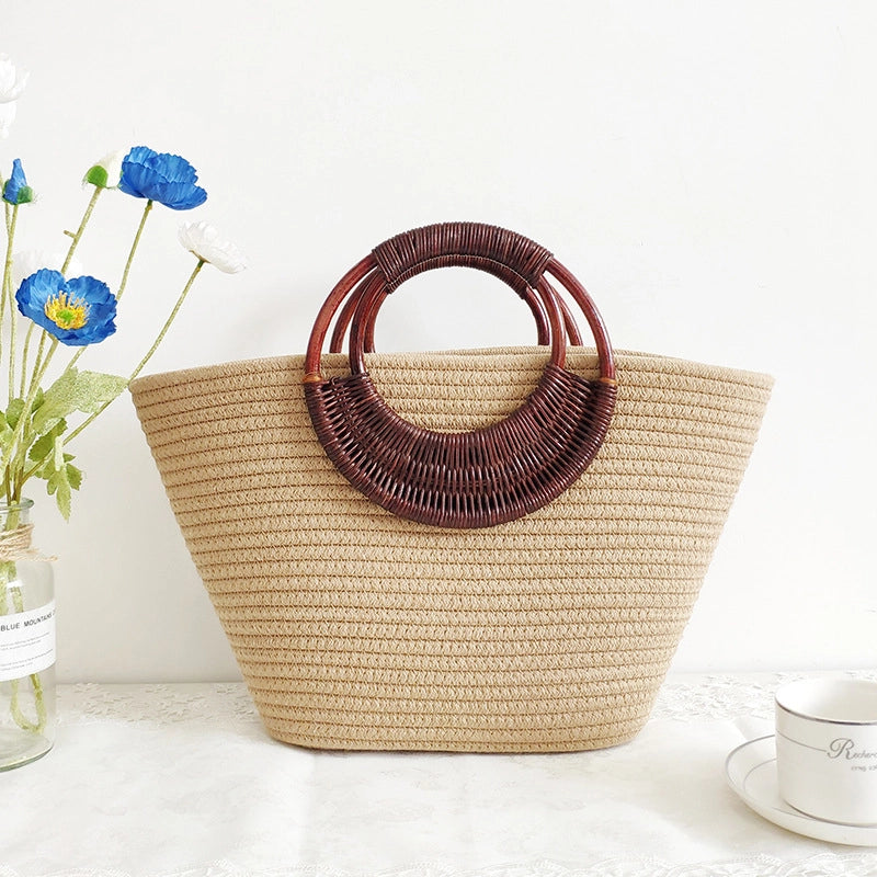 3 Pieces Women's Large Cotton Solid Color Beach Weave Bucket Open Beach Bag