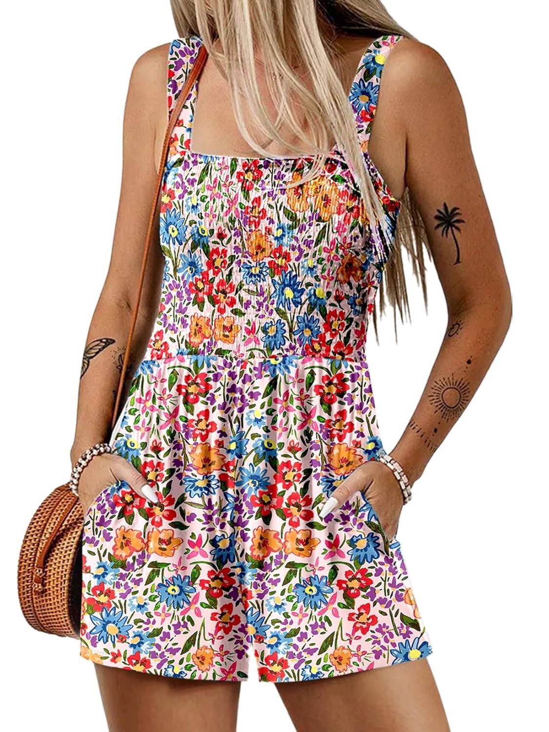 Women's Summer Square Neck Sleeveless Loose Casual Short Smocked Romper