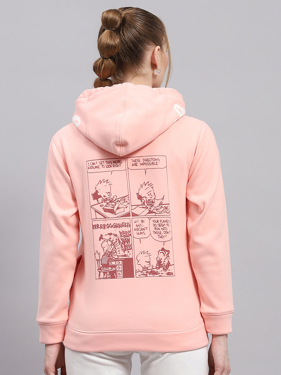 Women Peach Printed Hooded Full Sleeve Sweatshirt