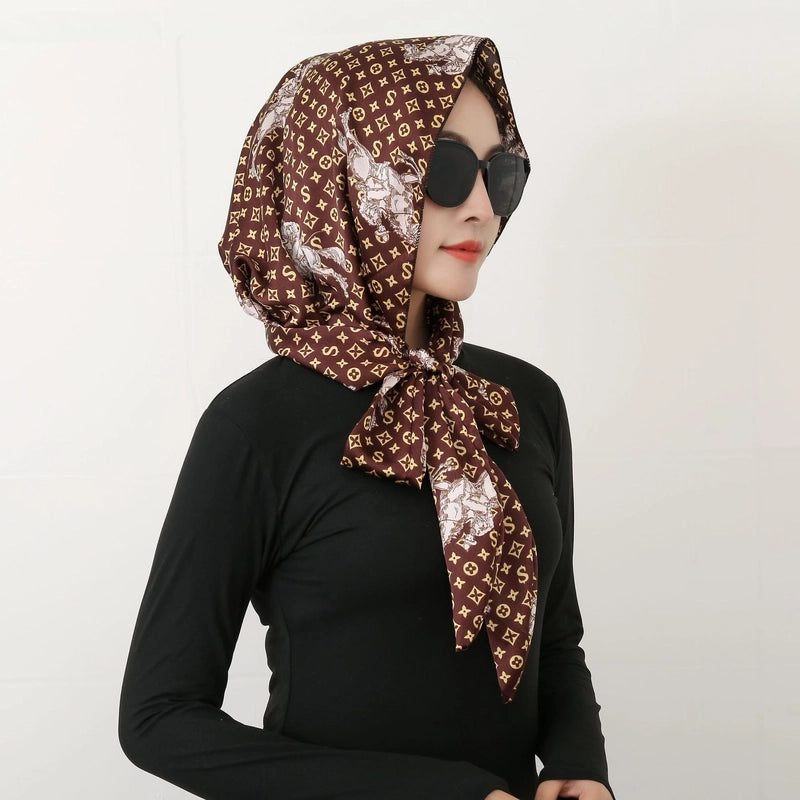 Women's Elegant Retro Flower Satin Printing Silk Scarf