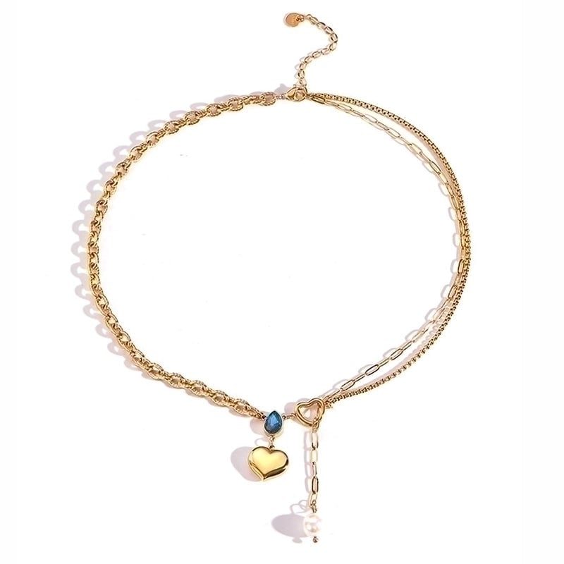 1 Piece Vintage Style Water Droplets Heart Shape Stainless Steel 18k Gold Plated Gem Pendant Necklace