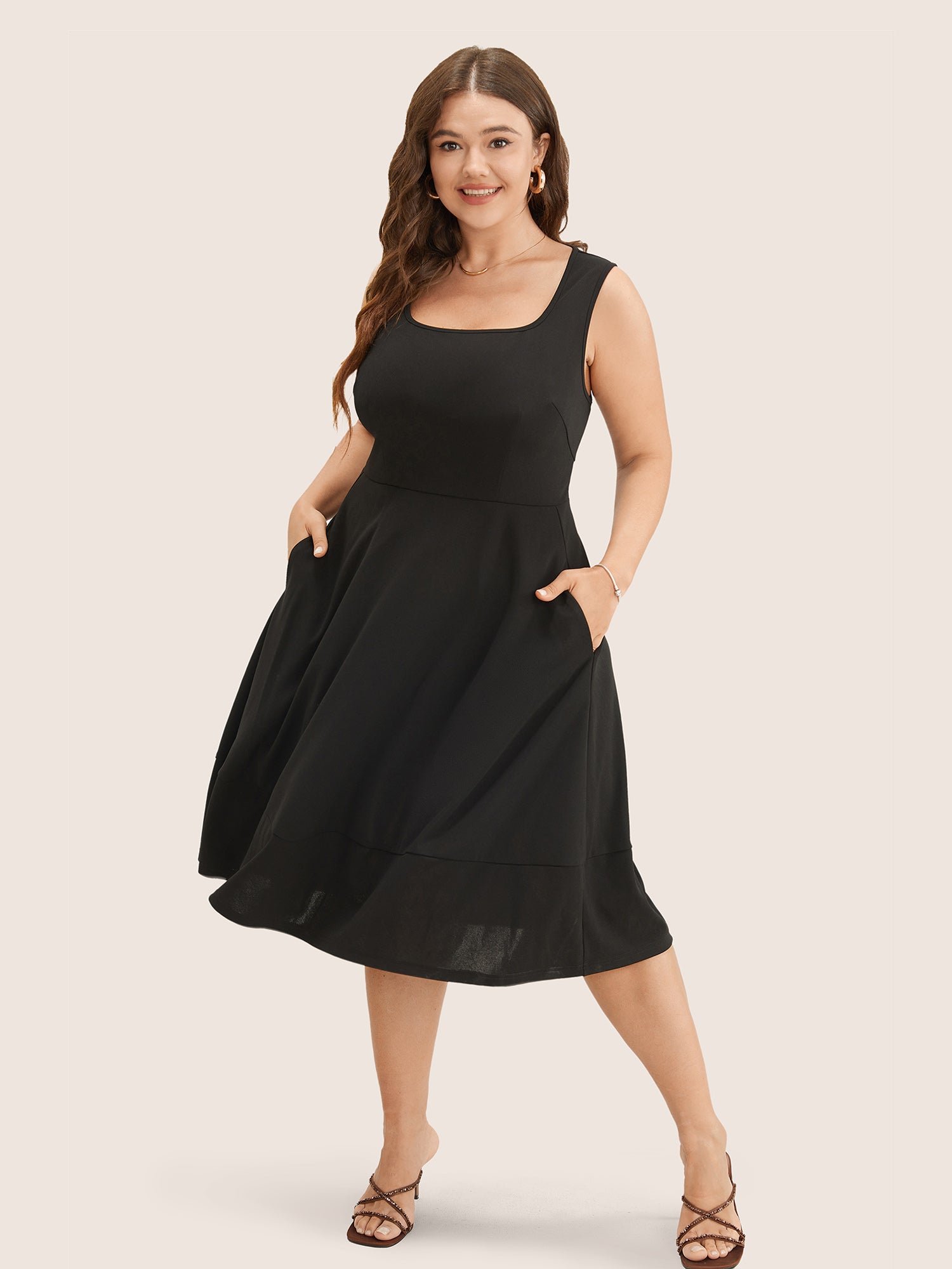 Solid Pocket Sleeveless Ruffle Hem Tank Dress
