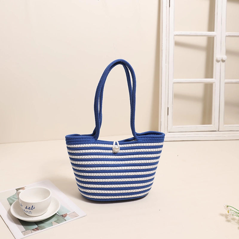 Women's Medium Polyester Stripe Classic Style Square Open Straw Bag