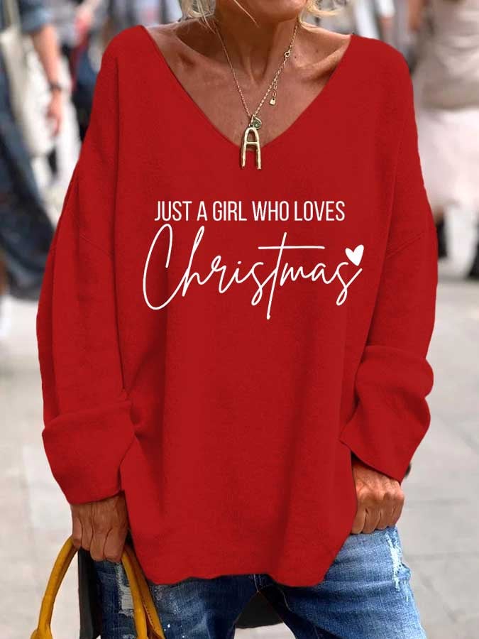 Women's Just A Girl Who Loves Christmas Print V-Neck T-Shirt