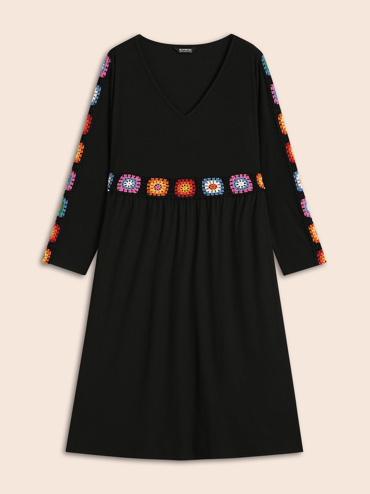 V Neck Crochet Floral Patchwork Dress